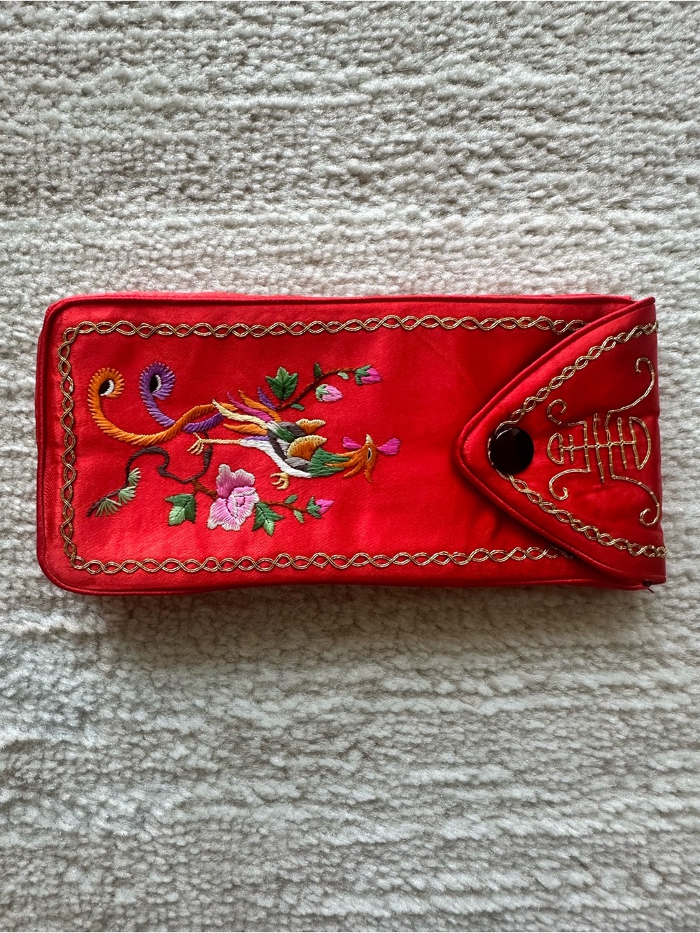 Oriental Embroidered Red Satin Fabric Eyeglass Case